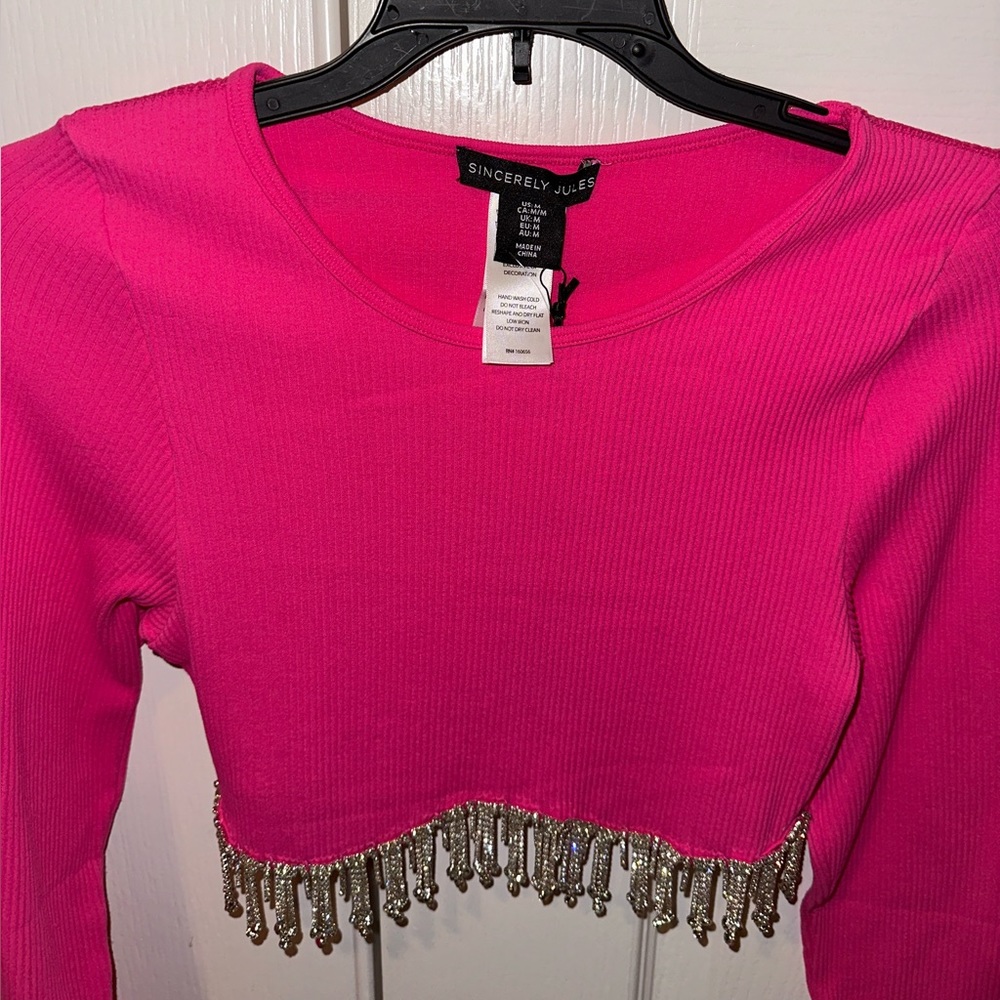 top Sexy hot pink diamond 💎 rhinestone dazzling crop blouse size medium